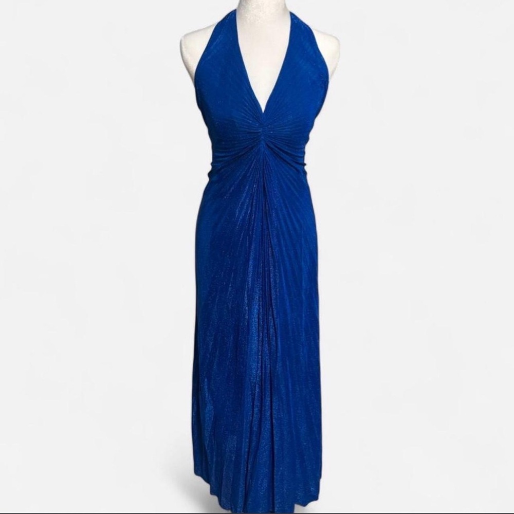 Vintage Formal Aspeed Sparkly Pleated Blue Halter Maxi Dress, Size L